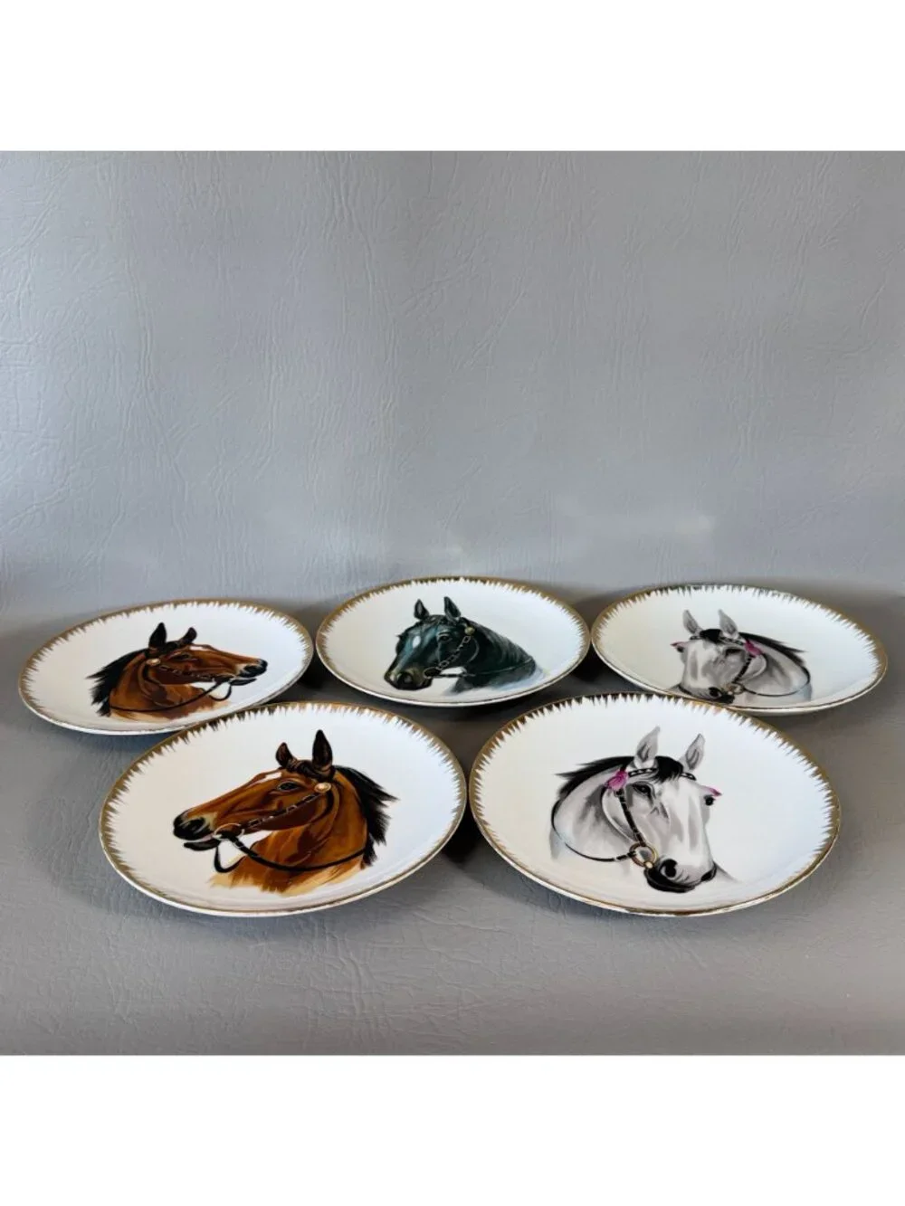 Vintage Horse Portrait Wall Plates Set of 5 Japan Equestrian Display 7.5